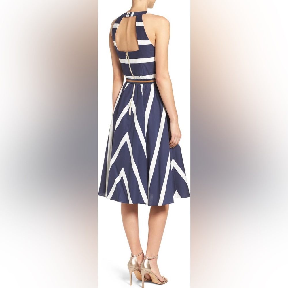 Eliza J Navy Blue And White Striped Fit And Flare Dress - Picture 3 of 15